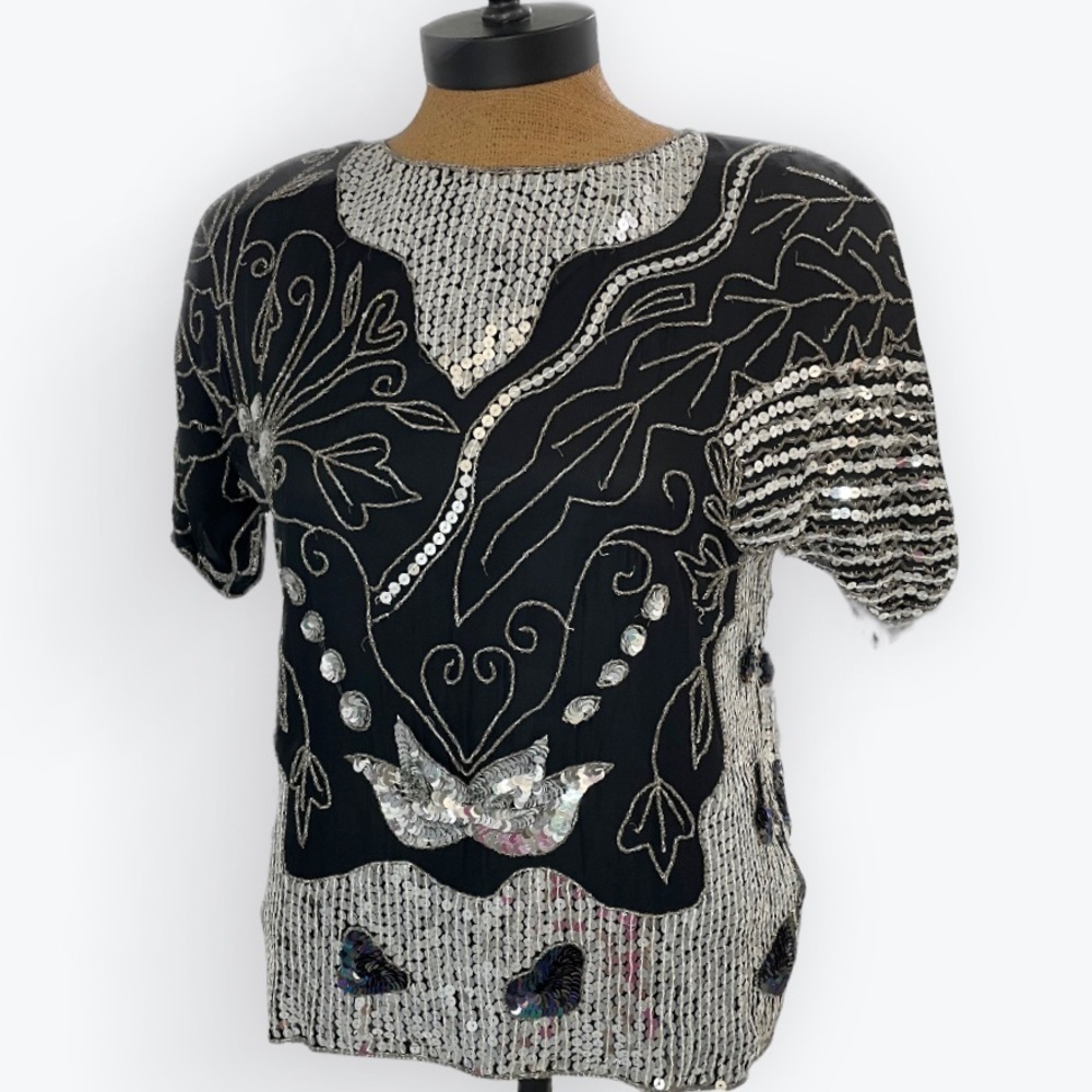 Vintage 100% silk heavily beaded sequins formal special occasion blouse Sm/Med 